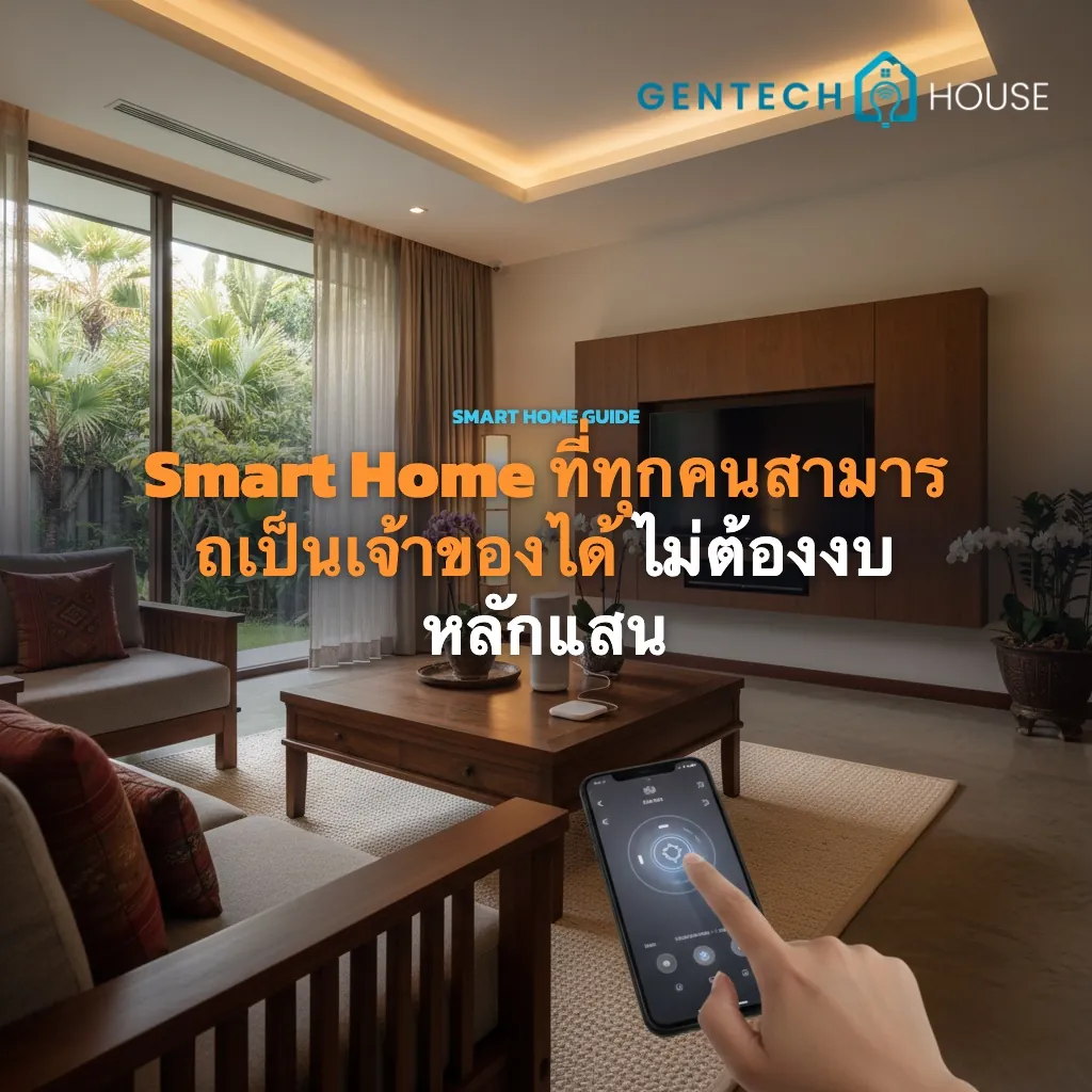 ห้องนั่งเล่นสไตล์ไทยสมัยใหม่พร้อมสมาร์ทโฟนบนโต๊ะกลางควบคุมหลампอดอัจฉริยะและอุปกรณ์ Smart Home ที่ทุกคนสามารถเป็นเจ้าของได้ในบรรยากาศ